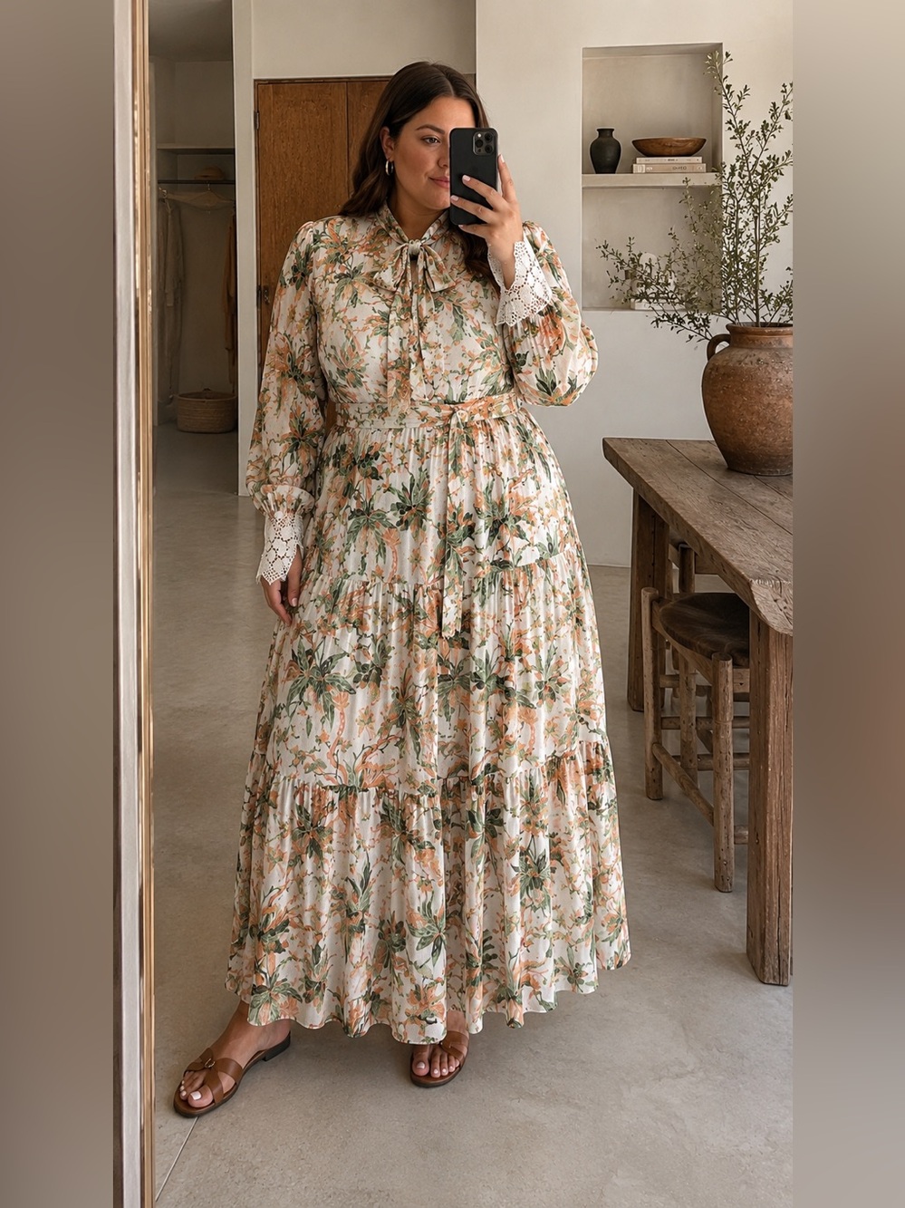 Kobi Halperin Botanical Lace Trim Tiered Maxi Dress Ivory Multi Size L